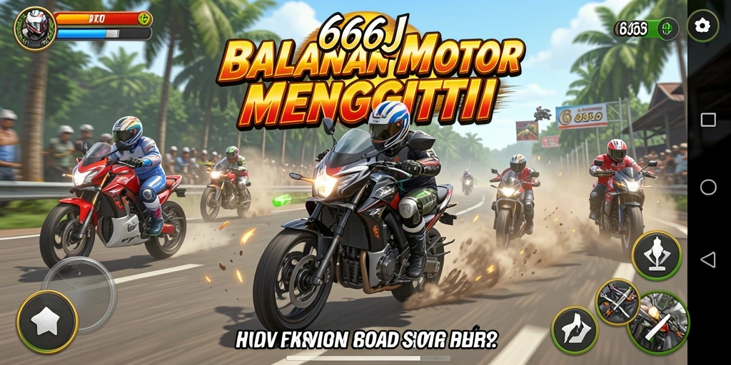 Screenshot gameplay <strong>666J</strong> yang menunjukkan balapan motor yang intens dan cepat.