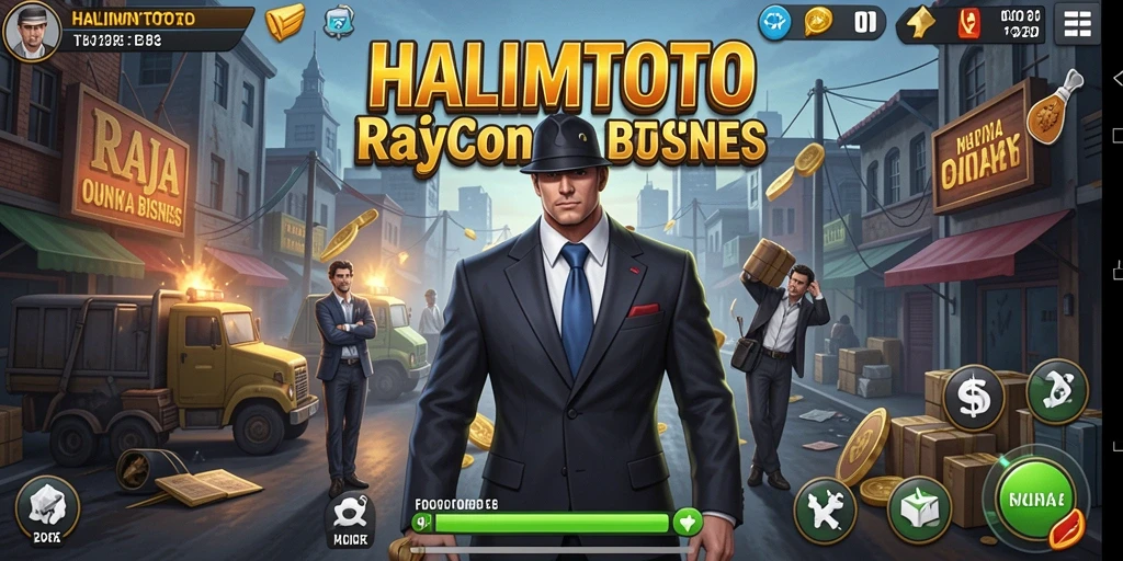 Tampilan gameplay HALIMTOTO dengan strategi bisnis yang mendalam.