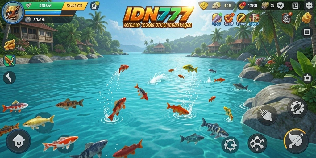 Screenshot utama IDN777 menunjukkan aksi seru saat memancing di lautan.