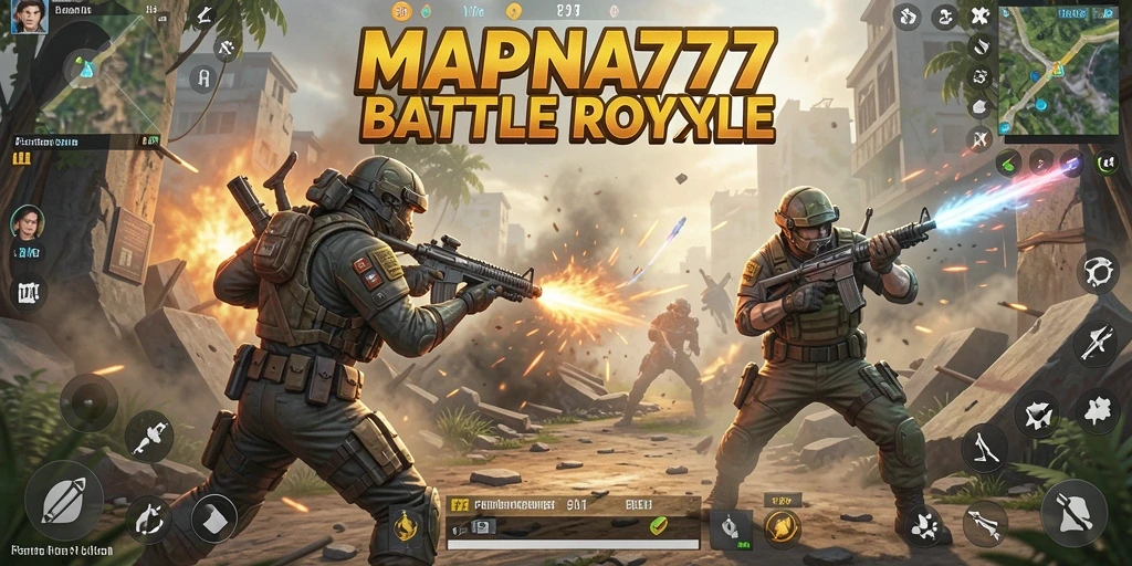 Tangkapan layar gameplay seru dari MAPNA777 dalam pertarungan Battle Royale.