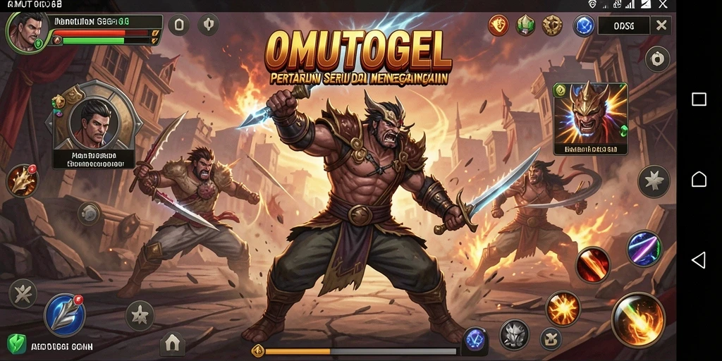 Screenshot gameplay OMUTOGEL dengan karakter bertarung di arena.