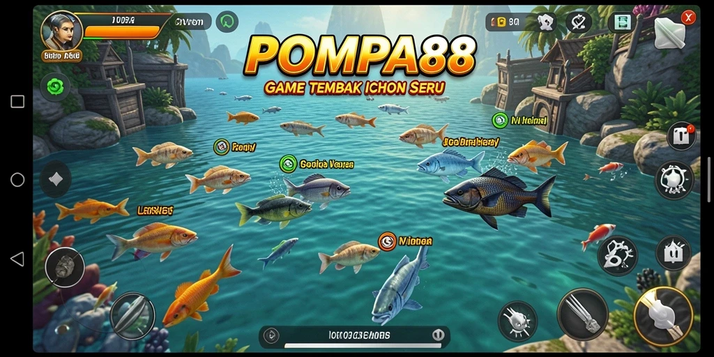 Tangkapan layar POMPA88 menampilkan aksi seru menembak ikan.