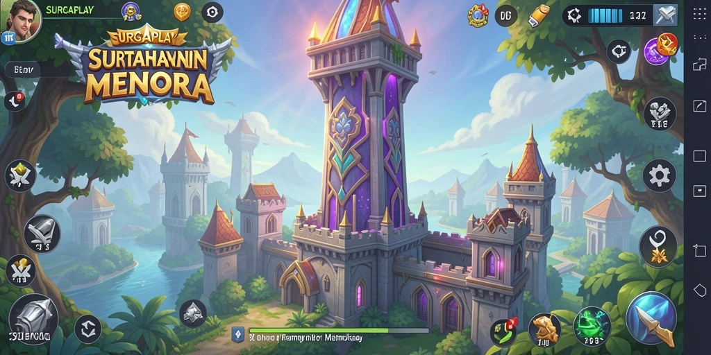 Tampilan gameplay SURGAPLAY dengan menara yang beragam dan serangan musuh.