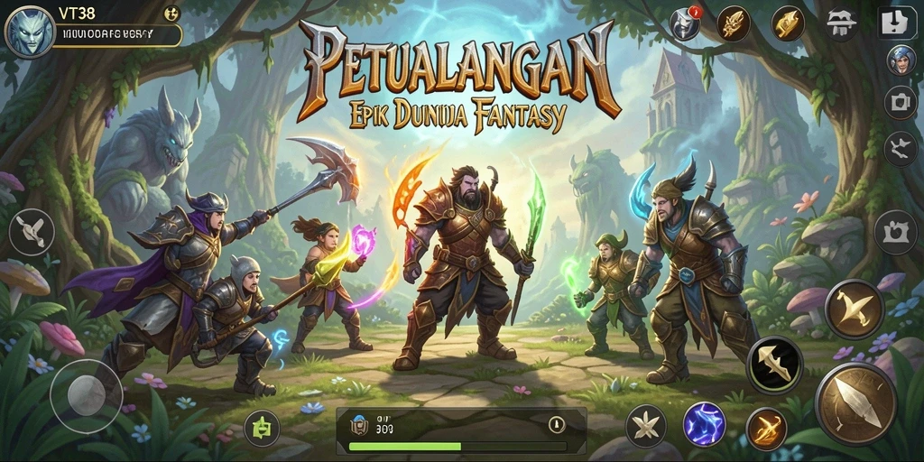 Screenshot gameplay VT38 menampilkan pertarungan epik dalam dunia fantasi.